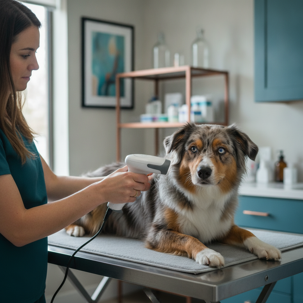 Vétérinaire lisant la puce électronique d'un chien